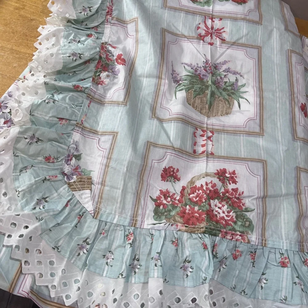 Vtg Cottagecore Floral Basket Ruffle Eyelet Curtain Panels Blue Stripe Set of 2